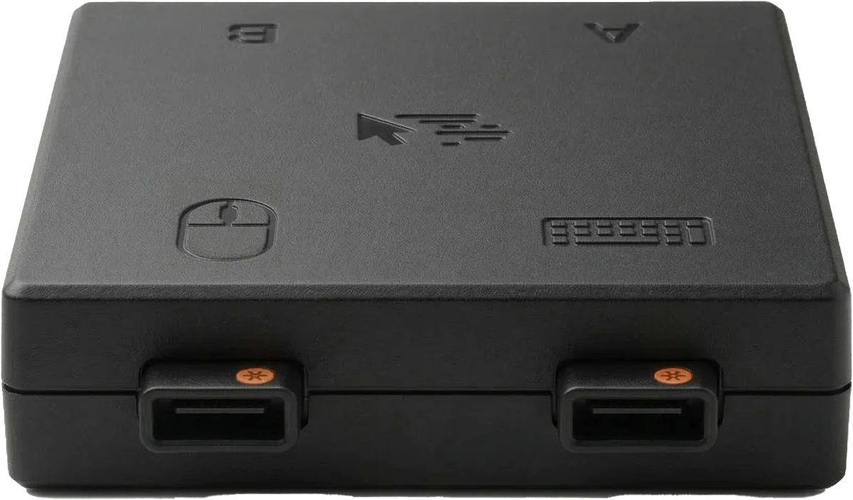 The MousePass unit seen from above and in front: a matte black box with the two front USB ports for a keyboard and a mouse, and A and B markings on its top face